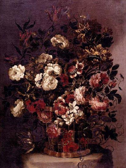 CORTE, Gabriel de la. Still-Life of Flowers in a Woven Basket oil painting picture